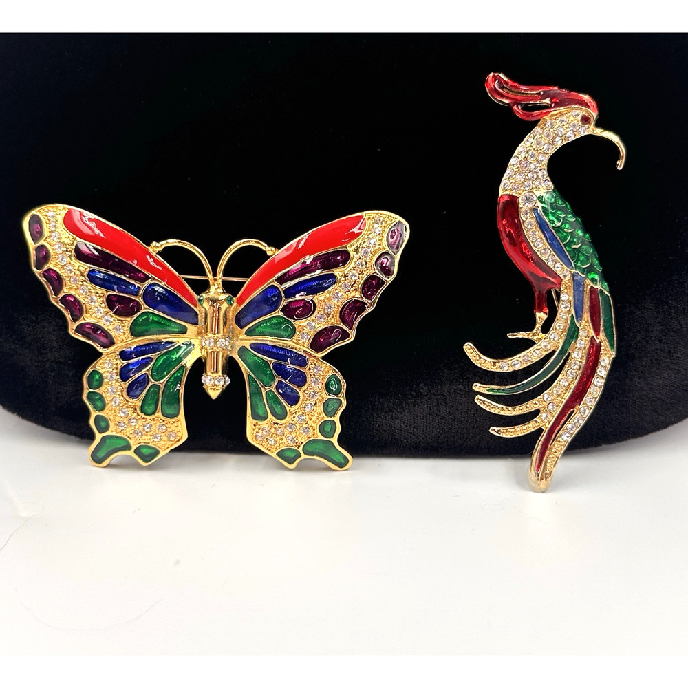 Enamel Rhinestone Brooch Butterfly Phoenix Bird of Paradise Gold Tone Unsigned